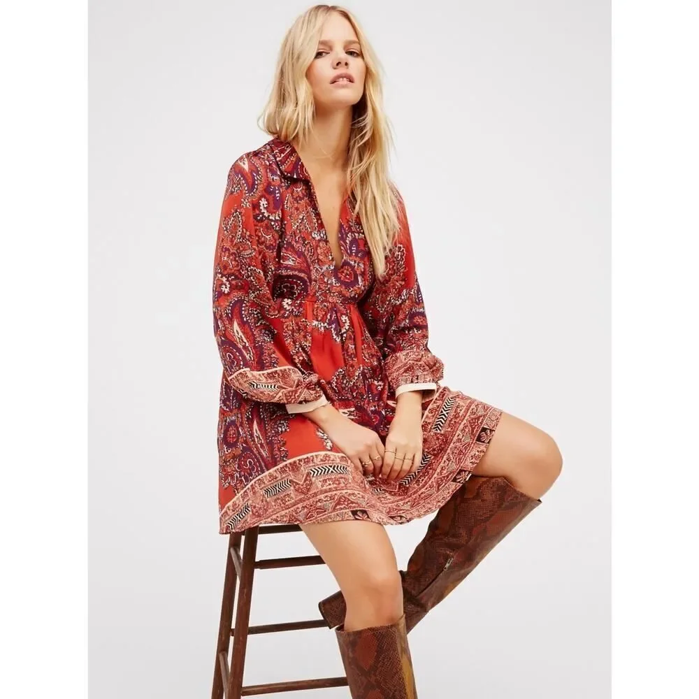 Free People Say You Love Me Mini Dress XS Orange Paisley Boho Long Sleeve Fall